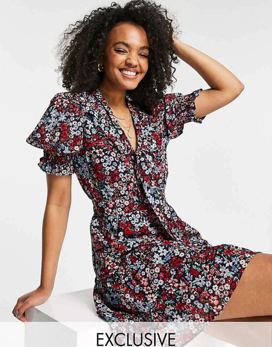 Dresses * | Wednesday'S Girl Mini Smock Dress With Tie Collar In Wallpaper Floral For Women Multi Floral