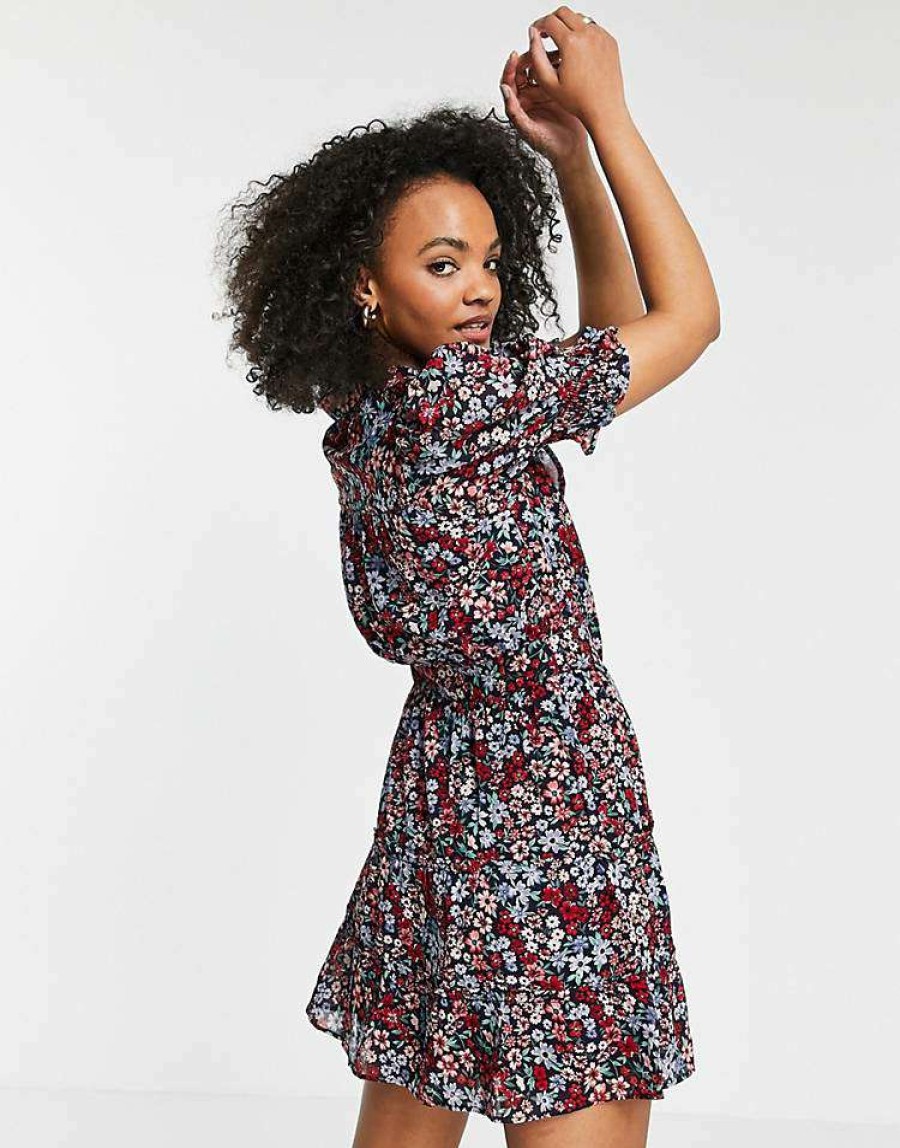 Dresses * | Wednesday'S Girl Mini Smock Dress With Tie Collar In Wallpaper Floral For Women Multi Floral