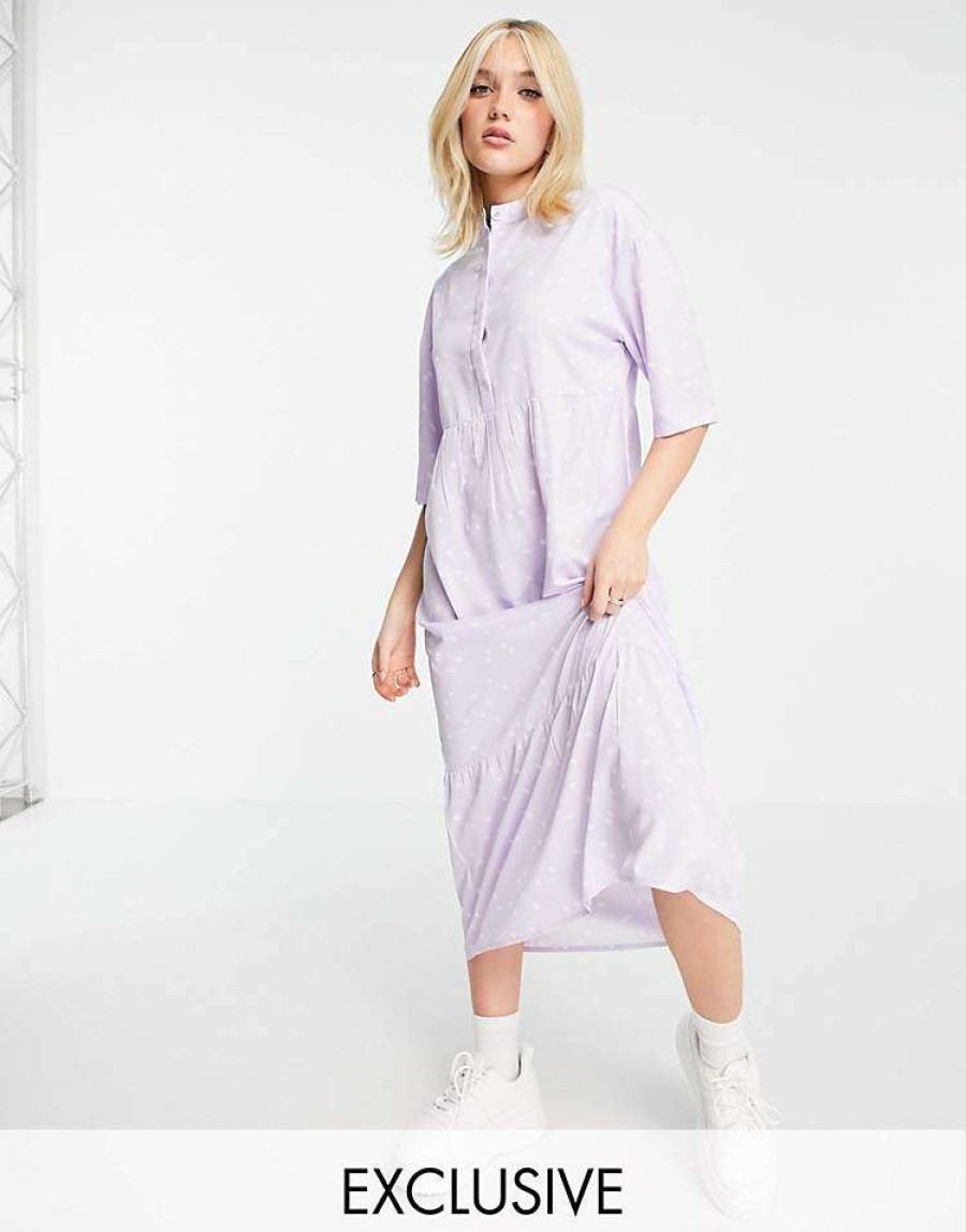 Dresses * | Wednesday'S Girl Relaxed Midi Smock Dress With Peplum Hem In Spot Print For Women Lilac White Spot