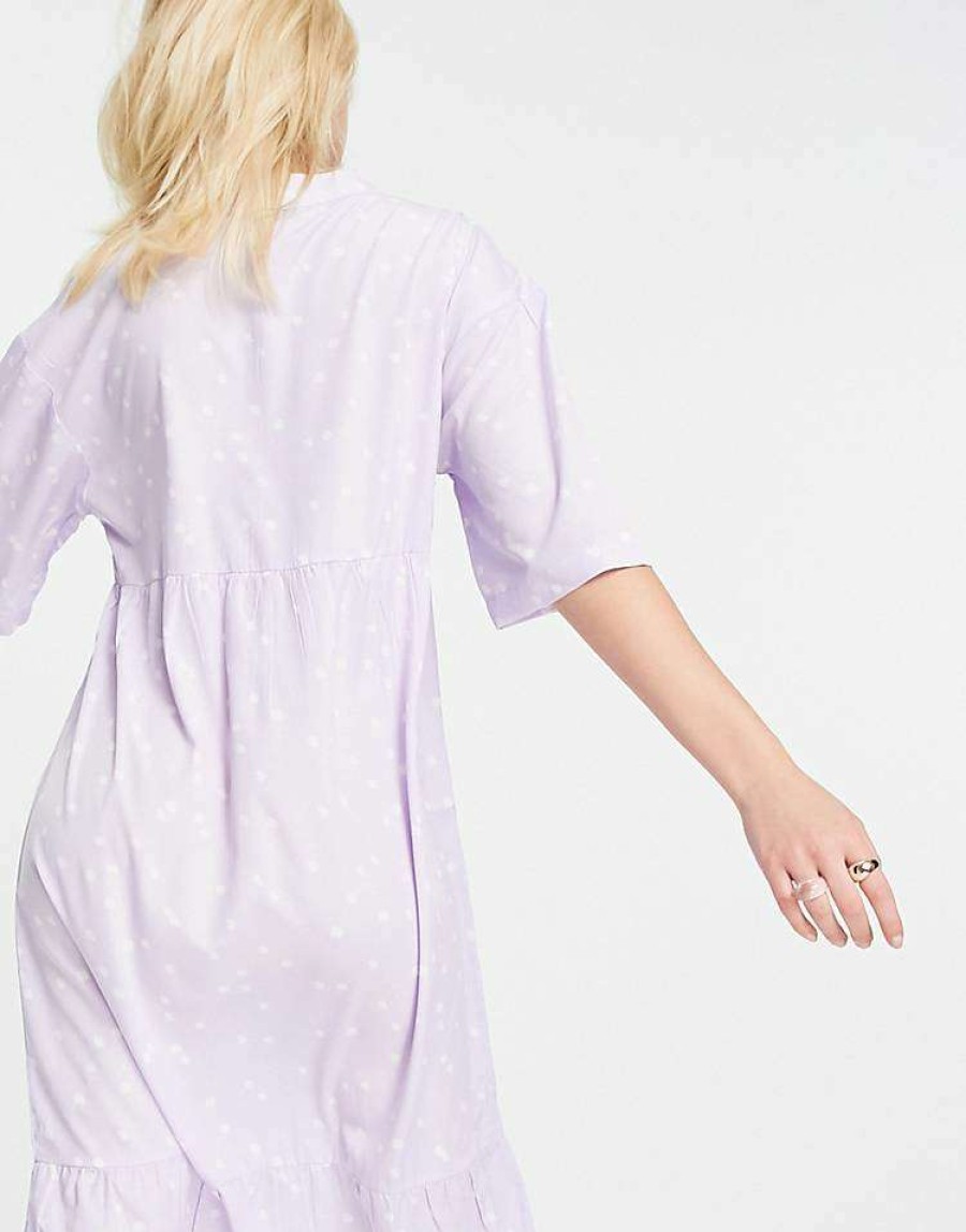 Dresses * | Wednesday'S Girl Relaxed Midi Smock Dress With Peplum Hem In Spot Print For Women Lilac White Spot