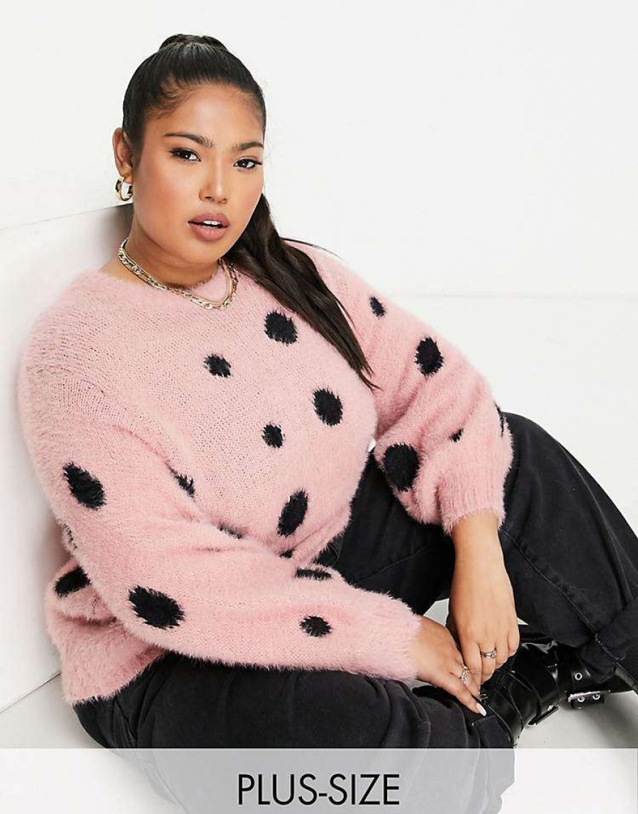 Knitwear & Sweats * | Wednesday'S Girl Curve Oversized Jumper In Fluffy Spot For Women Pink Spot