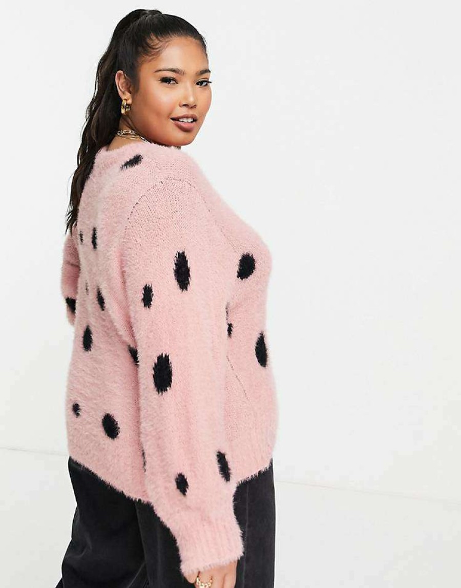 Knitwear & Sweats * | Wednesday'S Girl Curve Oversized Jumper In Fluffy Spot For Women Pink Spot