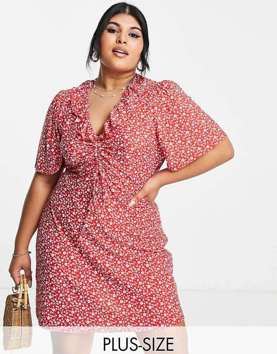 Dresses * | Wednesday'S Girl Curve Ruched Front V-Neck Flippy Tea Dress In For Women Red Ditsy