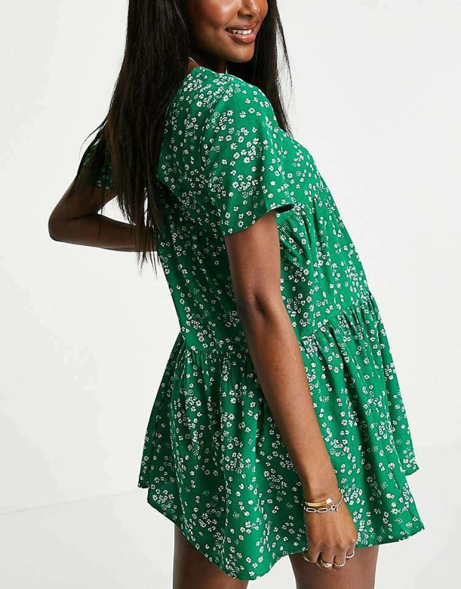 Dresses * | Wednesday'S Girl Maternity Mini Smock Dress With Tiered Skirt In For Women Green Ditsy Floral