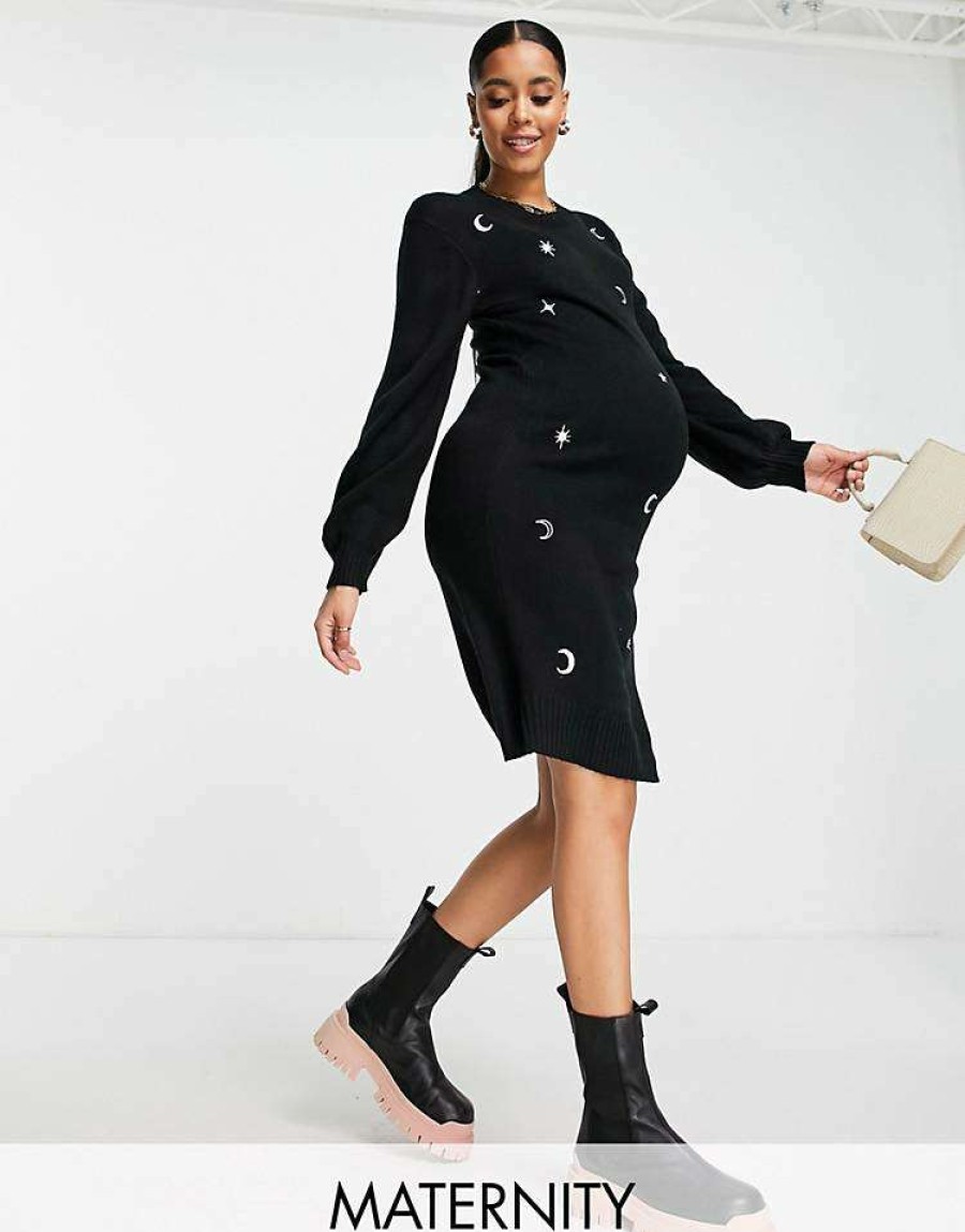 Dresses * | Wednesday'S Girl Maternity Relaxed Jumper Dress With Celestial Embroidery For Women Black