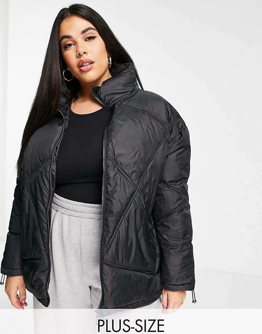 Outerwear * | Wednesday'S Girl Curve Oversized Quilted Jacket For Women Black