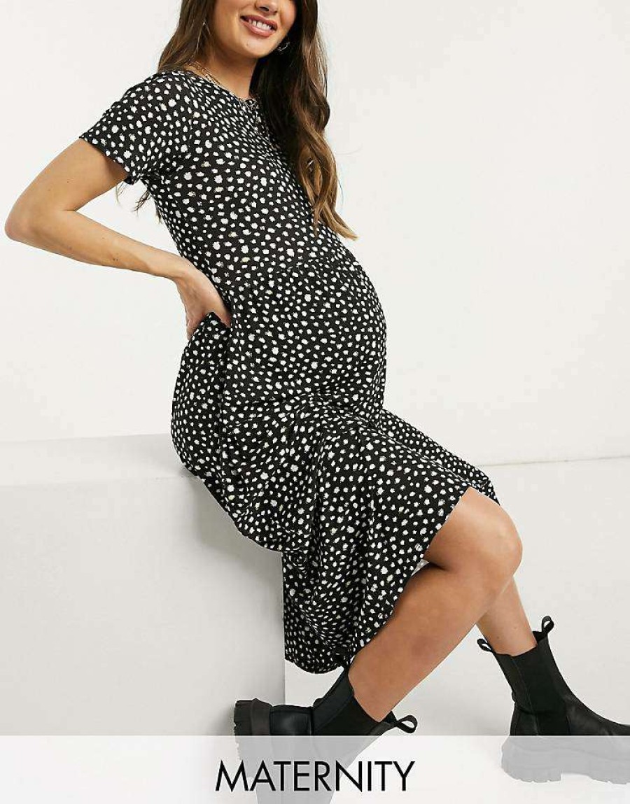 Dresses * | Wednesday'S Girl Maternity Midi Smock Dress In Smudge Spot Print For Women Black Smudge Spot