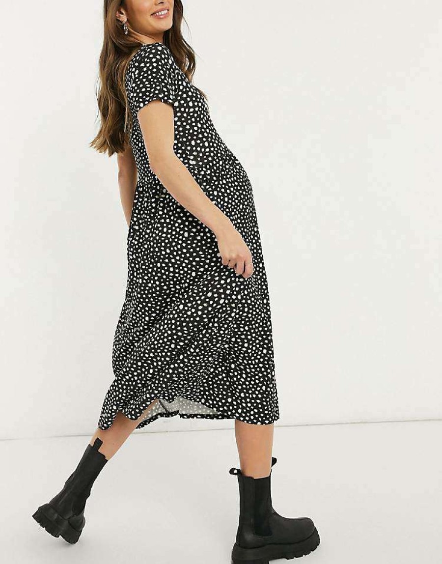 Dresses * | Wednesday'S Girl Maternity Midi Smock Dress In Smudge Spot Print For Women Black Smudge Spot