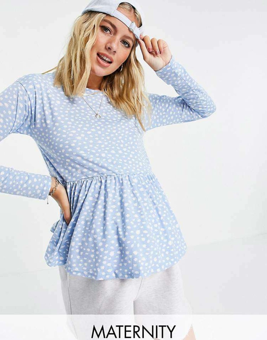 Tops * | Wednesday'S Girl Maternity Relaxed Smock Top With Peplum Hem In Smudge Spot For Women Blue Smudge Spot