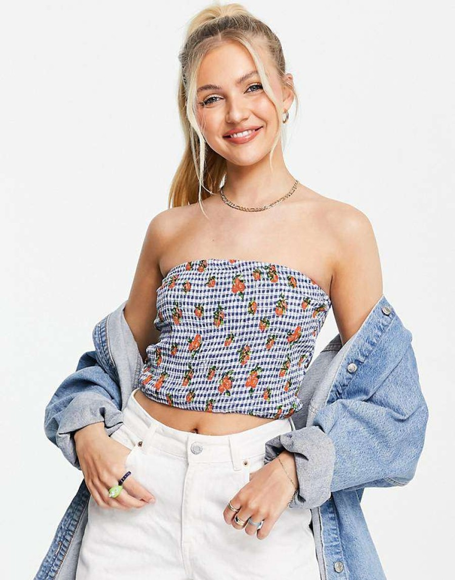 Tops * | Wednesday'S Girl Crop Bandeau Top In Orange Printed Gingham For Women Blue White Gingham