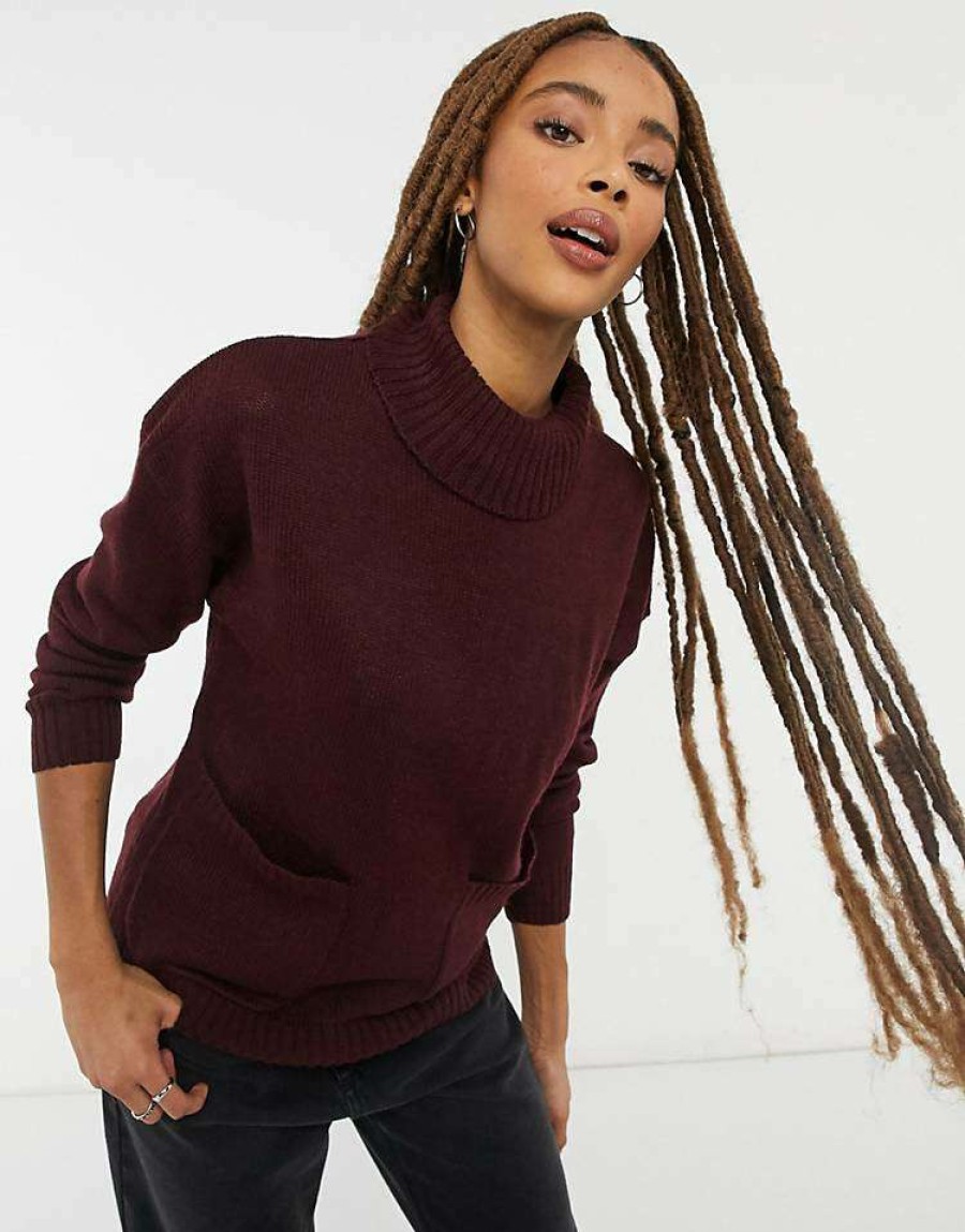 Knitwear & Sweats * | Wednesday'S Girl High Neck Jumper With Pockets For Women Burgundy