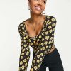 Tops * | Wednesday'S Girl Long Sleeve Crop Top With Ruched Bust In Yellow Floral For Women Black