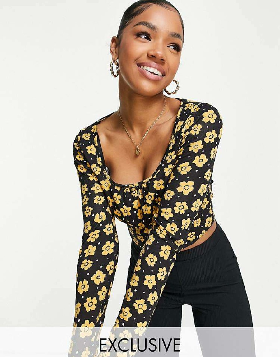 Tops * | Wednesday'S Girl Long Sleeve Crop Top With Ruched Bust In Yellow Floral For Women Black