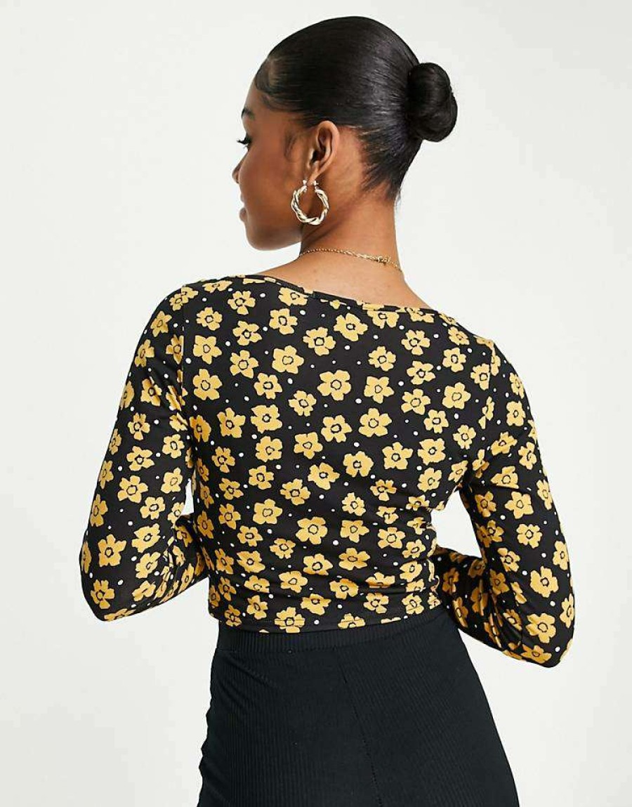 Tops * | Wednesday'S Girl Long Sleeve Crop Top With Ruched Bust In Yellow Floral For Women Black