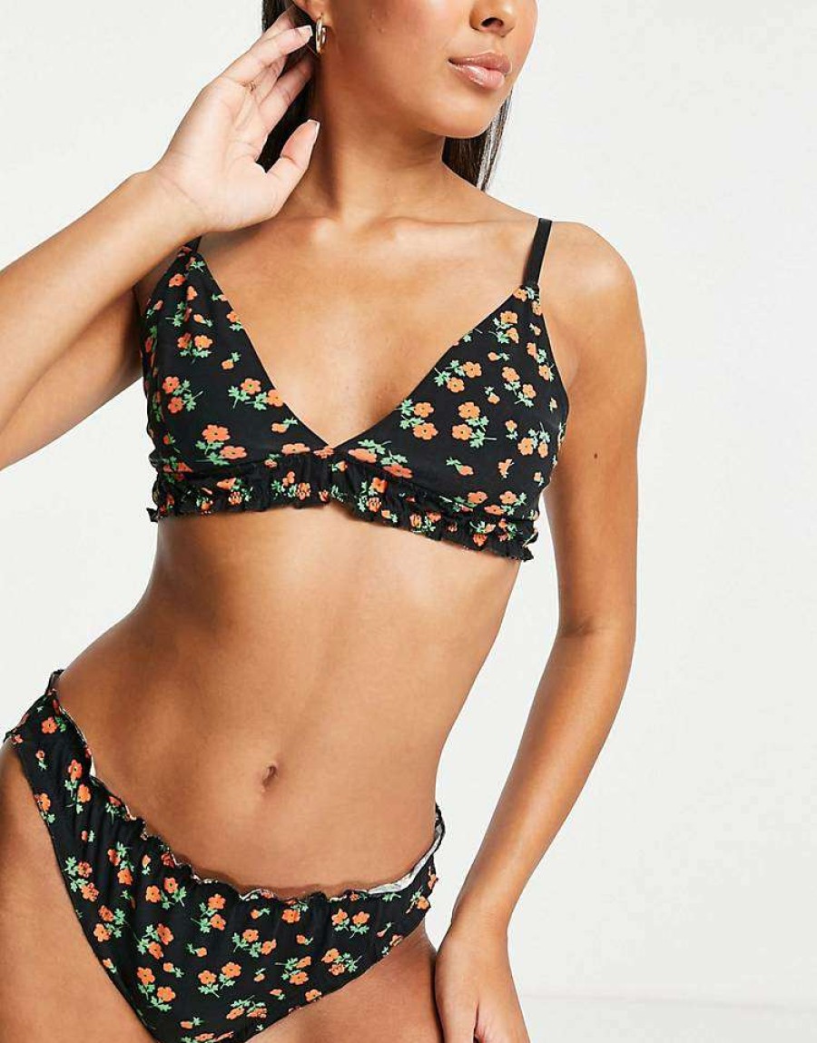 Underwear & Nightwear * | Wednesday'S Girl Triangle Bra And Briefs Set In 90S Floral For Women Black Red Floral