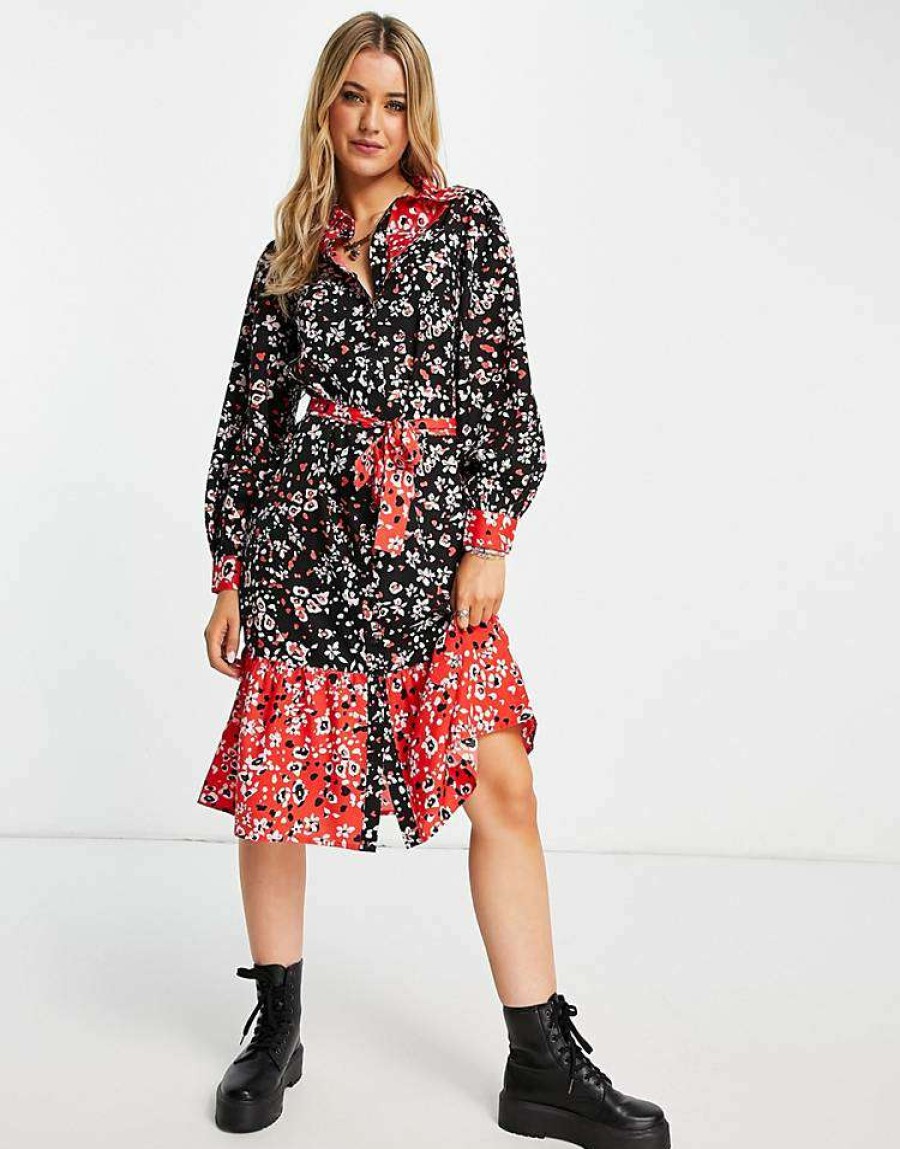 Dresses * | Wednesday'S Girl Midi Shirt Dress In With Tie Waist For Women Mix Floral