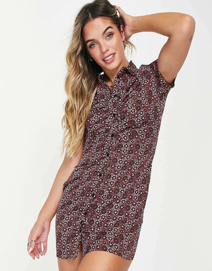 Dresses * | Wednesday'S Girl Mini Shirt Dress With Ruching In Retro Floral For Women Brown Retro