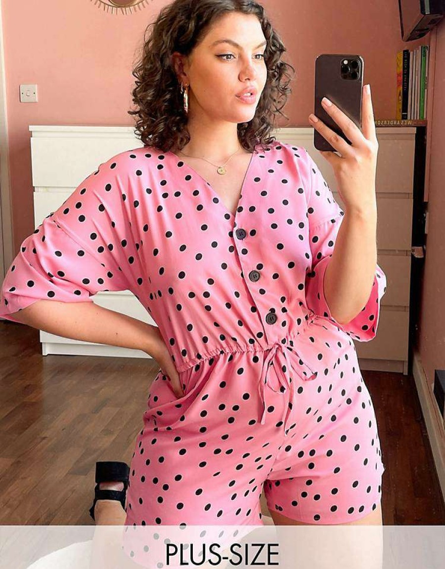 All In Ones * | Wednesday'S Girl Curve Relaxed Playsuit With Drawstring Waist In Scattered Polka Dot For Women Pink Black Polka Dot