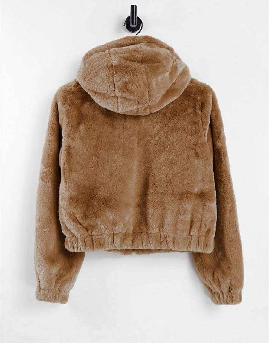 Knitwear & Sweats * | Wednesday'S Girl Oversized Hoodie In Faux Fur For Women Tan