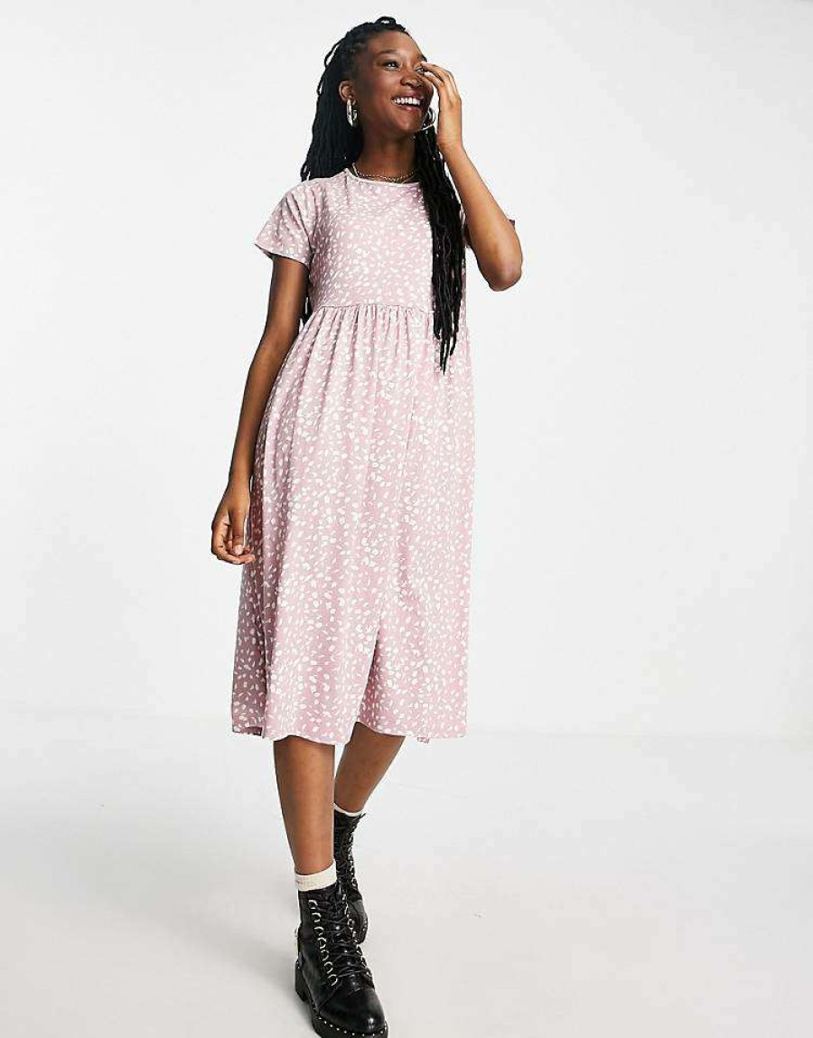 Dresses * | Wednesday'S Girl Midi Smock Dress In Smudge Spot Print For Women Splater Dusty Rose