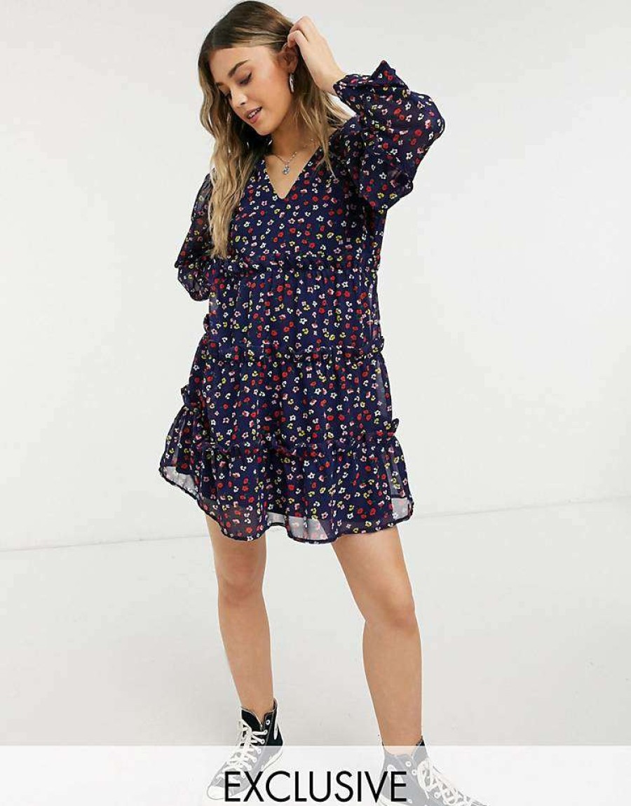 Dresses * | Wednesday'S Girl Long Sleeve Mini Smock Dress With Tiered Skirt In Floral Print For Women Navy Floral