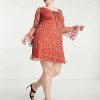 Dresses * | Wednesday'S Girl Curve Mini Long Sleeve Tea Dress In Mesh For Women Red Ditsy Floral