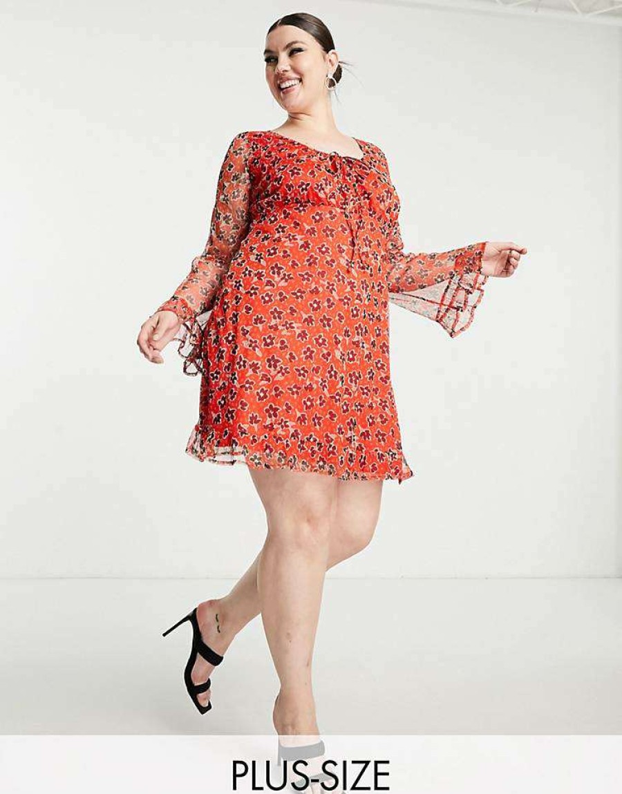 Dresses * | Wednesday'S Girl Curve Mini Long Sleeve Tea Dress In Mesh For Women Red Ditsy Floral