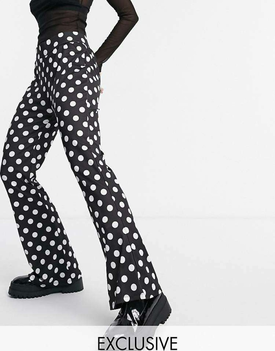 Jeans & Trousers * | Wednesday'S Girl Flared Trousers In Polka Dot For Women Black White Polka