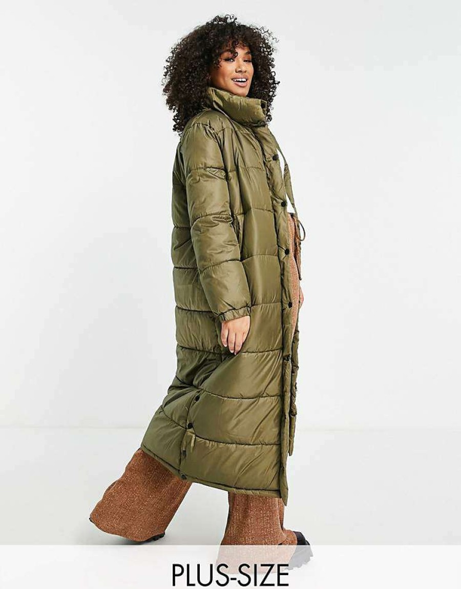 Outerwear * | Wednesday'S Girl Curve Oversized Longline Padded Jacket For Women Khaki