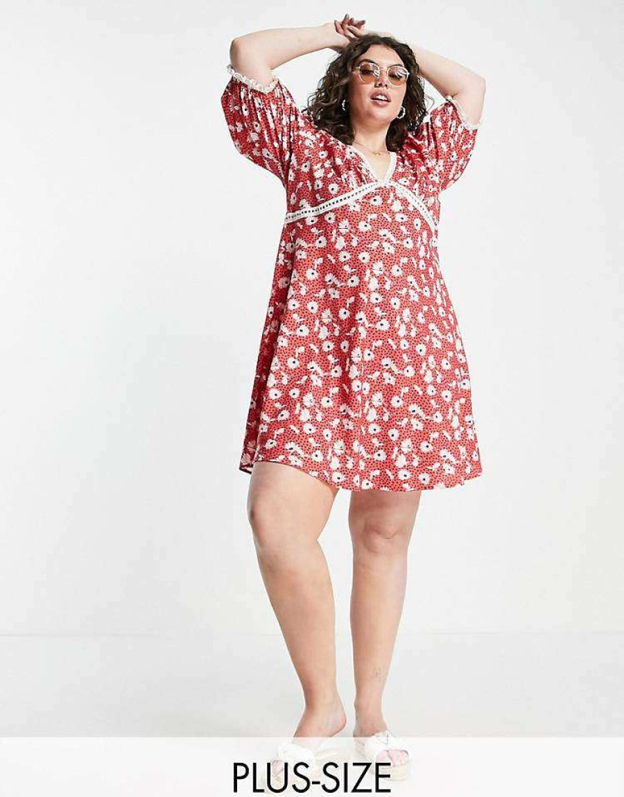 Dresses * | Wednesday'S Girl Curve V-Neck Mini Tea Dress With Ladder Detail In For Women Red Floral