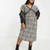 Dresses * | Wednesday'S Girl Curve V-Neck Midi Tea Dress In With Lace Trim For Women Leopard