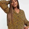 Tops * | Wednesday'S Girl Curve Long Sleeve Tea Blouse With Balloon Sleeves In Buttercup Floral For Women Black Yellow Floral