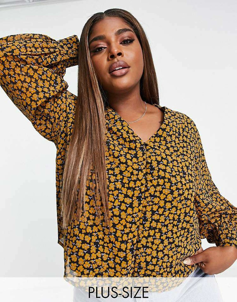 Tops * | Wednesday'S Girl Curve Long Sleeve Tea Blouse With Balloon Sleeves In Buttercup Floral For Women Black Yellow Floral