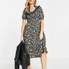 Dresses * | Wednesday'S Girl Midi Tea Dress With Contrast Collar In For Women Retro Ditsy Floral