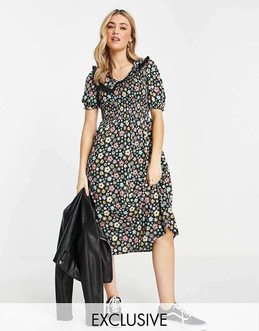 Dresses * | Wednesday'S Girl Midi Tea Dress With Contrast Collar In For Women Retro Ditsy Floral