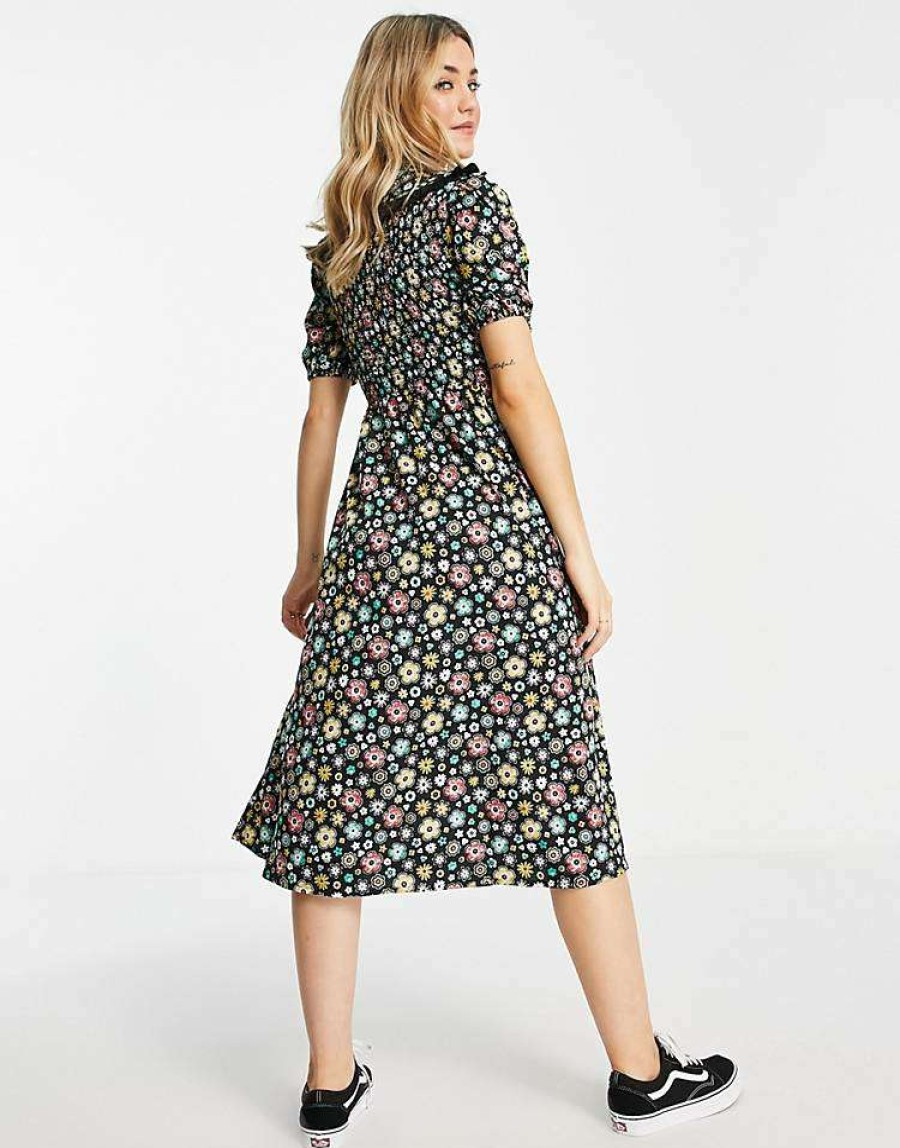 Dresses * | Wednesday'S Girl Midi Tea Dress With Contrast Collar In For Women Retro Ditsy Floral