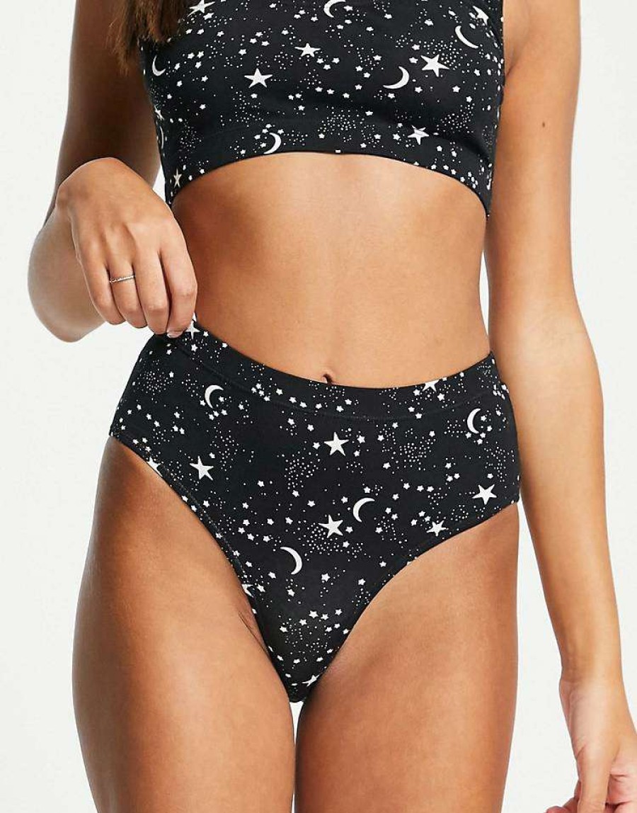 Underwear & Nightwear * | Wednesday'S Girl Bralet And High Waist Briefs Set In Celestial Print For Women Black Celestial