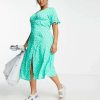 Dresses * | Wednesday'S Girl Curve V-Neck Midi Tea Dress In Green Floral For Women Green Blue Floral