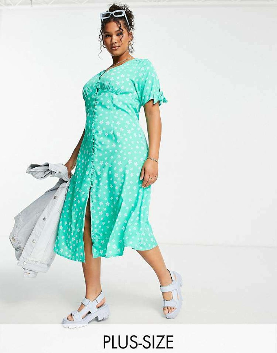 Dresses * | Wednesday'S Girl Curve V-Neck Midi Tea Dress In Green Floral For Women Green Blue Floral