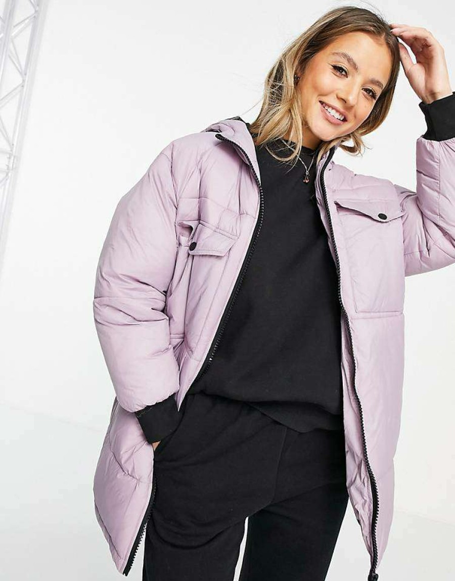 Outerwear * | Wednesday'S Girl Oversized Longline Padded Jacket In Pastel For Women Lilac