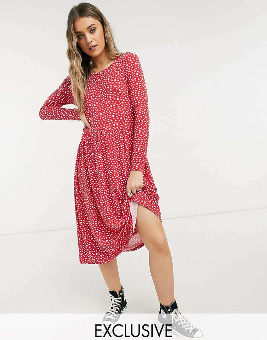 Dresses * | Wednesday'S Girl Long Sleeve Midi Smock Dress In Smudge Spot Print For Women Red Smudge Spot