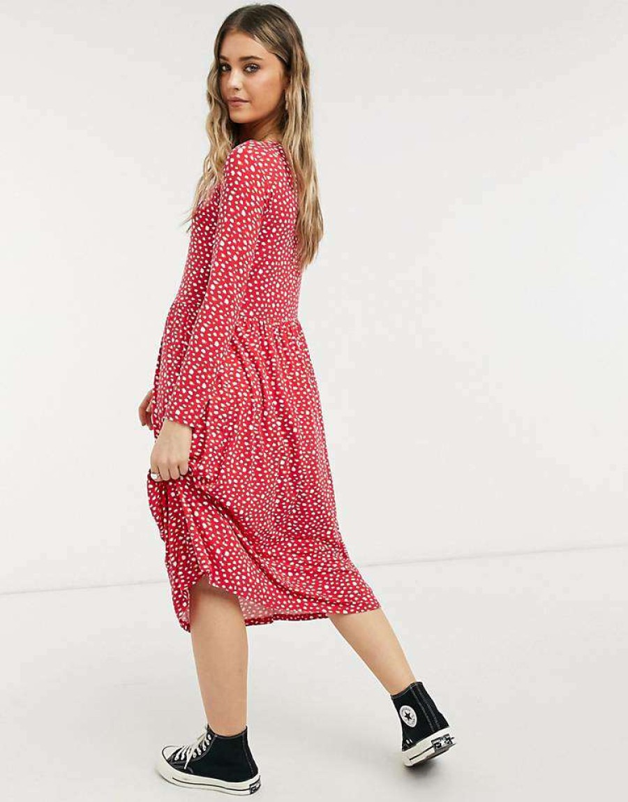 Dresses * | Wednesday'S Girl Long Sleeve Midi Smock Dress In Smudge Spot Print For Women Red Smudge Spot