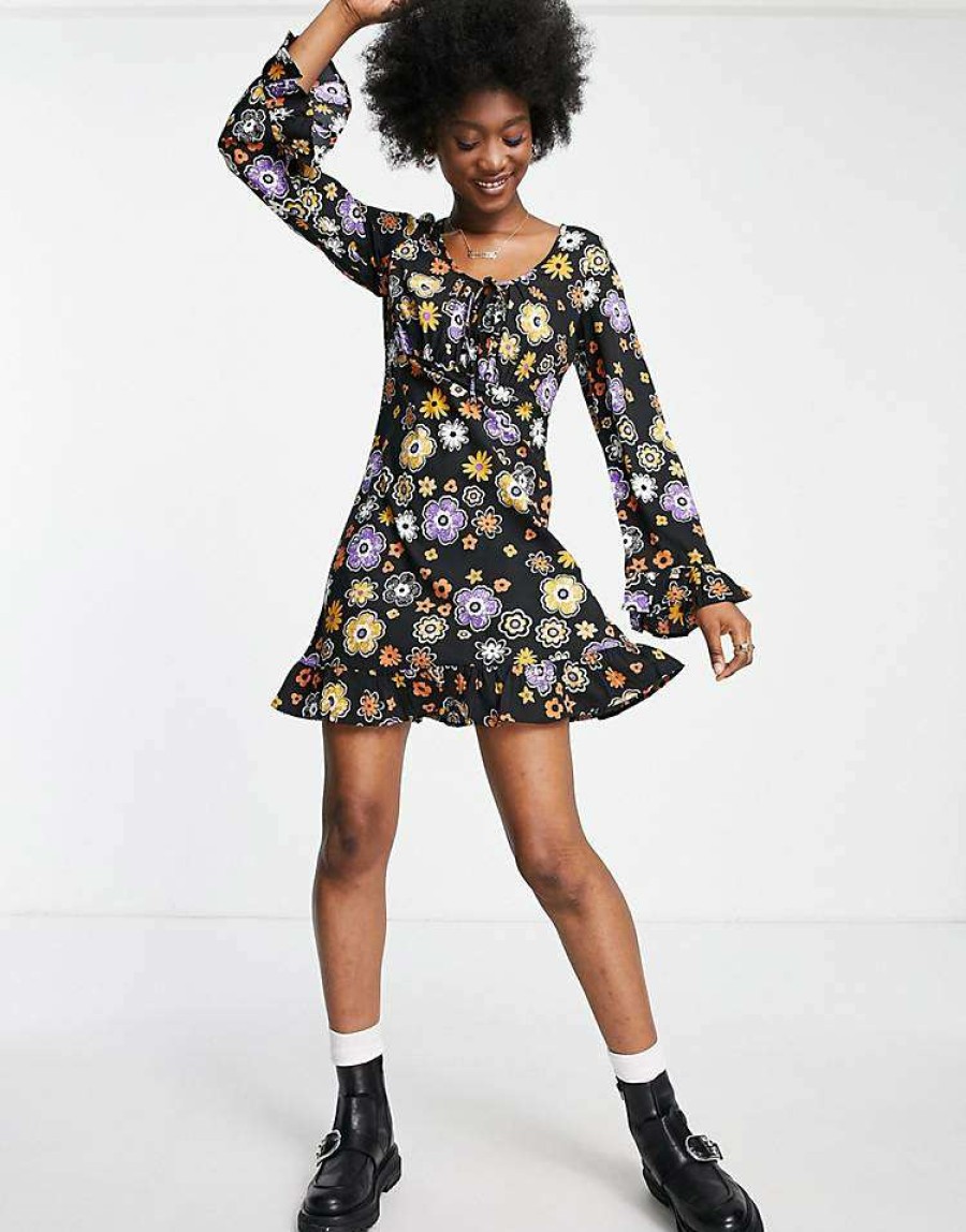 Dresses * | Wednesday'S Girl Fit Flare Mini Tea Dress In 70S Floral Print For Women Retro Floral