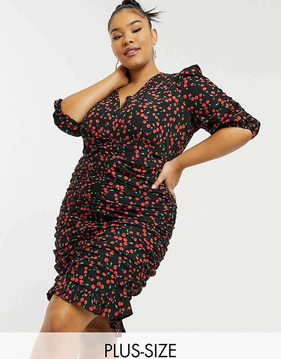 Dresses * | Wednesday'S Girl Curve Mini Tea Dress In Cherry Print For Women Black Red Cherry