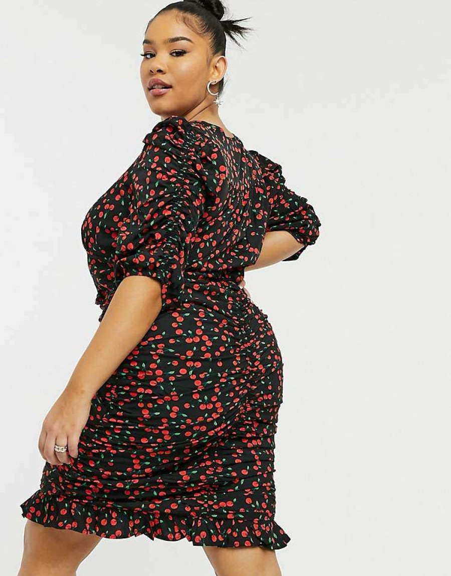 Dresses * | Wednesday'S Girl Curve Mini Tea Dress In Cherry Print For Women Black Red Cherry