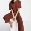 Underwear & Nightwear * | Wednesday'S Girl Relaxed Pyjama T-Shirt And Trousers Set In Waffle For Women Brown