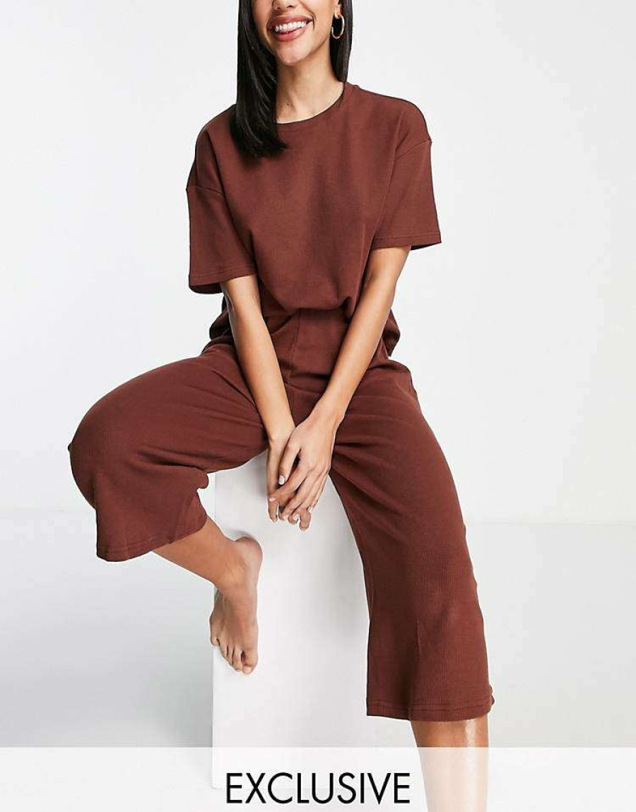 Underwear & Nightwear * | Wednesday'S Girl Relaxed Pyjama T-Shirt And Trousers Set In Waffle For Women Brown