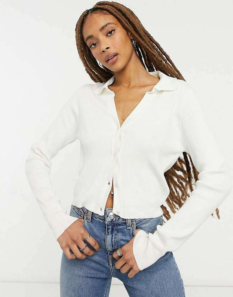 Knitwear & Sweats * | Wednesday'S Girl Fitted Cardigan With Collar In Rib Knit For Women White