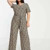 All In Ones * | Wednesday'S Girl Curve Relaxed Belted Jumpsuit With Wide Leg In Black Floral For Women Black Base Floral