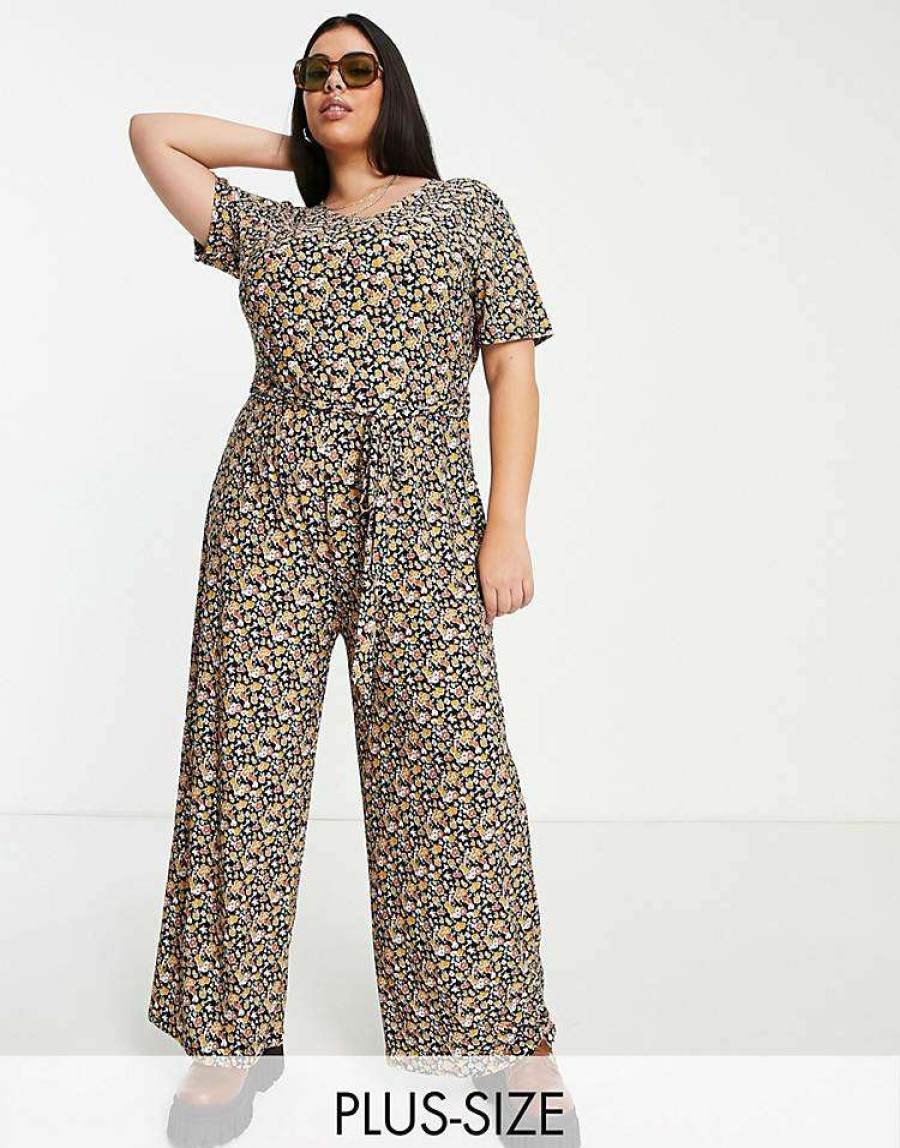 All In Ones * | Wednesday'S Girl Curve Relaxed Belted Jumpsuit With Wide Leg In Black Floral For Women Black Base Floral